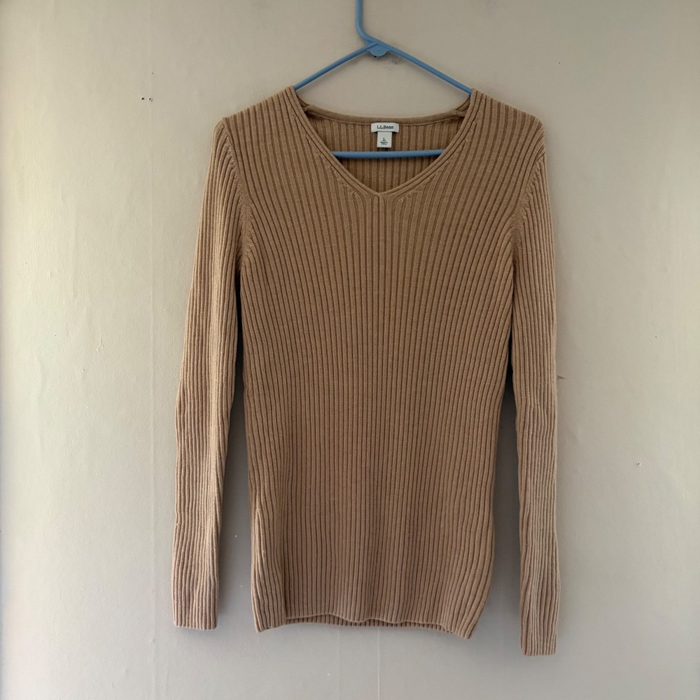 LL Bean Womens Ribbed Merino Wool Sweater Size L Tan Old Money Academia Granola